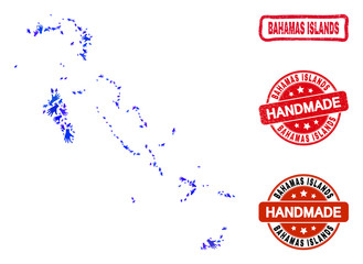 Vector handmade collage of Bahamas Islands map and dirty stamp seals. Mosaic Bahamas Islands map is organized with random blue hands. Rounded and crooked red seals with unclean rubber texture.