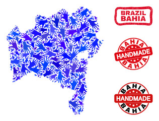 Vector handmade composition of Bahia State map and corroded stamps. Mosaic Bahia State map is made with scattered blue hands. Rounded and rough red seals with corroded rubber texture.