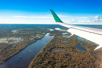 View from the plane to the Amazonas River, near the city of Iquitos, Peru.