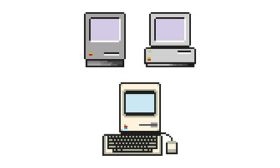 8 bits personal computer (PC), pixel art vectors, three models