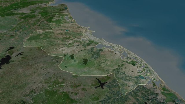 Batticaloa, district with its capital, zoomed and extruded on the satellite map of Sri Lanka in the conformal Stereographic projection. Animation 3D