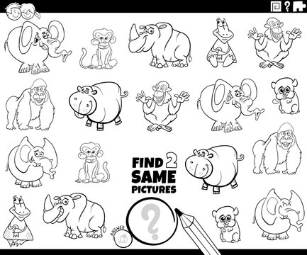 find two same wild animal characters color book page