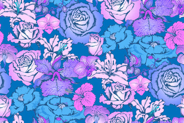 Fantastic blue flowers and butterflies. Seamless pattern. Vector illustration. Suitable for fabric, mural, wrapping paper and the like