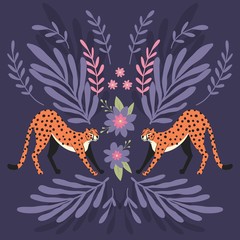 Two cute hand drawn cheetahs stretching on dark purple background with exotic plants. Flat vector illustration