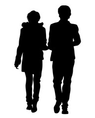 Young man and woman walking at street. Isolated silhouette on a white background