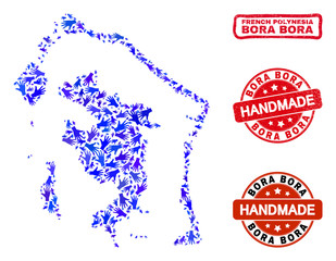 Vector handmade combination of Bora-Bora map and rubber stamps. Mosaic Bora-Bora map is composed of randomized blue hands. Rounded and wry red stamp imprints with scratched rubber texture. - obrazy, fototapety, plakaty