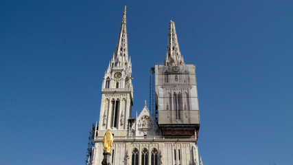 Fototapeta na wymiar Zagreb/ Croatia-May 4th, 2020: Zagreb`s gothic cathedral damaged in earthquake, south tower broken off, while north one had to be removed few weeks later because of security measures
