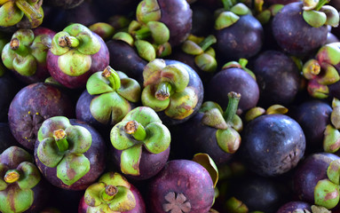 Pile of mangosteen with blurred background.