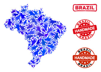 Vector handmade composition of Brazil map and rubber watermarks. Mosaic Brazil map is created with randomized blue hands. Rounded and wry red stamp imprints with scratched rubber texture.