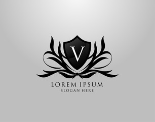 V Letter Logo. Inital V Majestic Shield design for Royalty, Fashion, Community, Boutique,  Hotel, Heraldic, Jewelry, Photography.