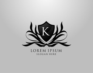 K Letter Logo. Inital K Majestic Shield design for Royalty, Fashion, Community, Boutique,  Hotel, Heraldic, Jewelry, Photography.