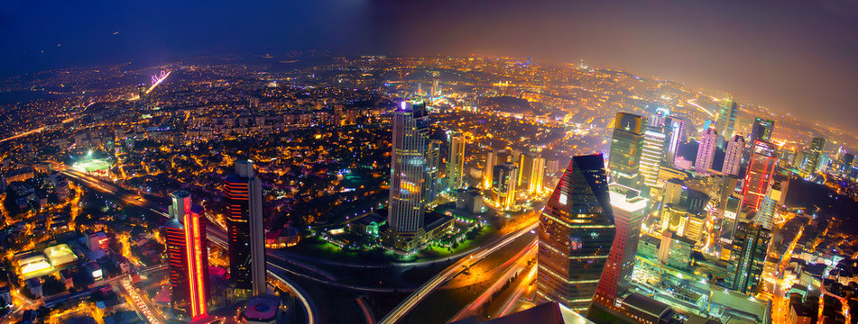 Istanbul Skyline Night Aerial Panoramic View From Sapphire Tower, Levent Financial District, Istanbul Turkey. Beautiful Bosphorus Bridge, Business Towers, Modern Offices, Central Banks, Skyscrapers