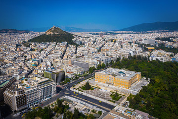 Aerial view of Hellenic Parliament building in Syntagma square, Athens Attica, Greece