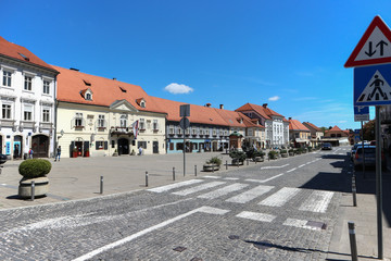 Samobor/Croatia-May 7th,2020: Empty main square in small town of Samobor, during corona virus lock down, just few days before Croatia eases restrictive measures