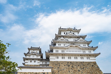 Himeji, Japan - May 06, 2019: Main tower of the Himeji Castle, the white Heron castle, Japan. UNESCO world heritage site after restauration and reopening.
