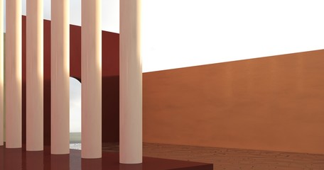 Naklejka premium Architectural background of buildings with stairs and arches. Bright castle, ancient housing against the blue sky - 3D, render. Banner, card for travel, presentations, advertising with copy space.