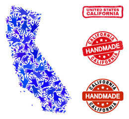 Vector handmade composition of California State map and corroded stamp seals. Mosaic California State map is made with random blue hands. Rounded and rough red seals with grunge rubber texture.