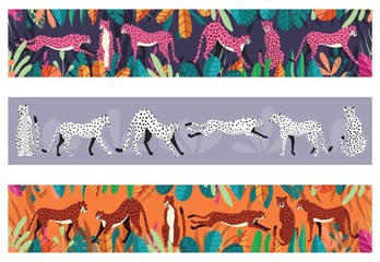 Collection of cute hand drawn cheetahs on horizontal background, standing, stretching, running and walking with exotic plants. Flat vector illustration