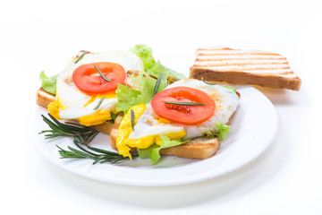 fried toasts with egg, salad, tomato in a plate