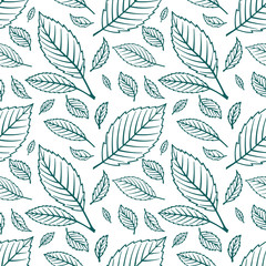 Fototapeta premium Green leafs hand drawn seamless background. Different shape leafs sketch drawing endless pattern. Part of set.