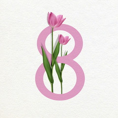 Creative International woman's day Template of Pink Tulip Flower realistic illustration on white texture background.