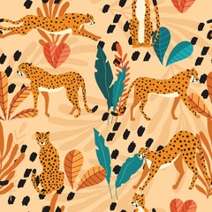 Seamless pattern with hand drawn exotic big cat cheetahs, with tropical plants and abstract elements on light orange background. Colorful flat vector illustration
