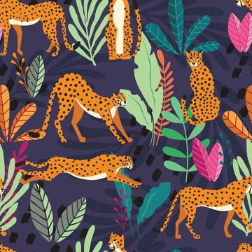 Seamless pattern with hand drawn exotic big cat cheetahs, with tropical plants and abstract elements on dark purple background. Colorful flat vector illustration © bluelela