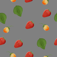 The background element. Pattern. Strawberry, green leaf, not ripe berry. Gray background.