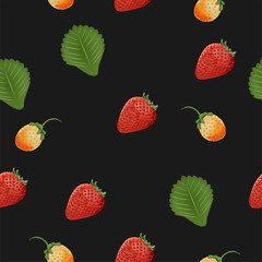 The background element. Pattern. Strawberry, green leaf, not ripe berry. Black background.