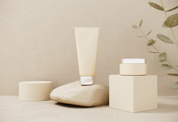 Premium podium made of paper on pastel background with plant branches,leaves,pebbles and natural stones.Mock up for the exhibitions,presentation of products, therapy, relaxation and health -3d render.