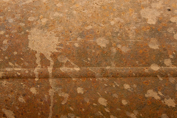 Surface rust. Close-up of rust with a convex stripe in the middle and spots. High quality rusty old and dirty metal plate. Iron the full surface area. - background image.