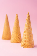 Ice cream cones summer concept with almonds, sugar