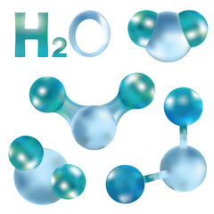 Set of H2O molecule. Water formula. Isolated vector illustration on white background of gas atoms. Chemical element.
