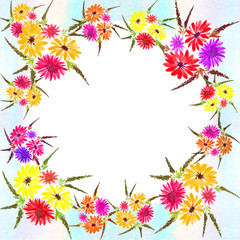 Obraz premium Frame with flowers in a circle. Watercolor illustration. Flowers and leaves. Decorative composition. Use printed materials, signs, objects, sites, maps.