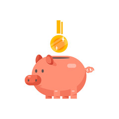 Piggy bank with coin vector illustration. Icon saving or accumulation of money, investment. Icon piggy bank in a flat style, isolated from the background. The concept of banking or business services.