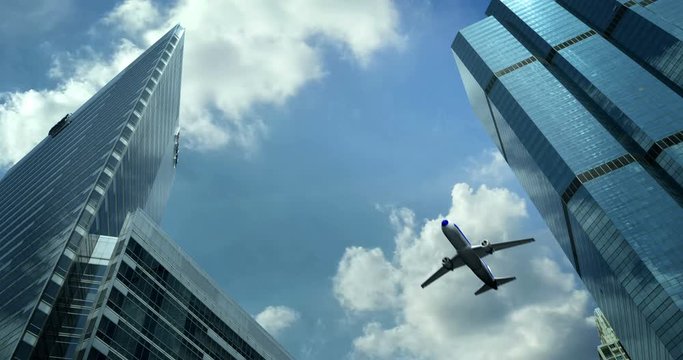 an airplane flying over the skyscrapers of the city of Amsterdam