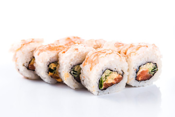 sushi rolls on white background isolated. Traditional Japanese cuisine