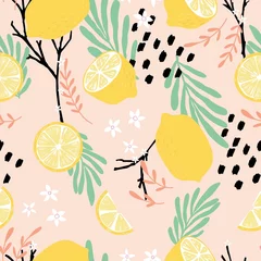 Wall murals Lemons Fruit seamless pattern, lemons with branches, leaves and flowers on pink background. Summer vibrant design. Exotic tropical fruit. Colorful vector illustration