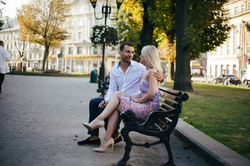 Loving couple walking in the city. Lviv