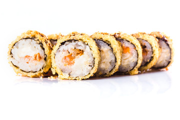 sushi rolls on white background isolated. Traditional Japanese cuisine