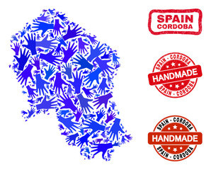 Vector handmade composition of Cordoba Spanish Province map and grunge stamp seals. Mosaic Cordoba Spanish Province map is formed with random blue hands.