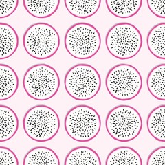 Fruit seamless pattern, dragon fruit slices with shadow on light pink background. Summer vibrant design. Exotic tropical fruit. Colorful vector illustration