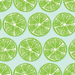 Fruit seamless pattern, lime slices with shadow on bright blue background. Summer vibrant design. Exotic tropical fruit. Colorful vector illustration