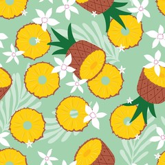 Fruit seamless pattern, pineapple with tropical leaves and flowers on green background. Summer vibrant design. Exotic tropical fruit. Colorful vector illustration