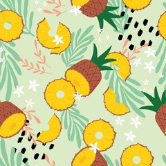 Obraz premium Fruit seamless pattern, pineapple with tropical leaves, flowers and abstract elements on light green background. Summer vibrant design. Exotic tropical fruit. Colorful vector illustration