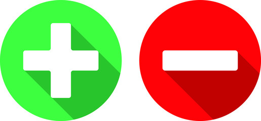 Obraz premium Icons index plus and minus in green and red circle with shadow minimal 