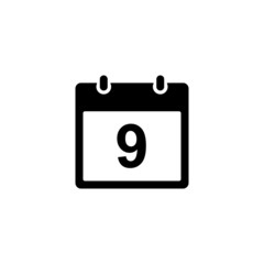 Calendar icon - day 9. Simple black glyph date silhouette for web design, user interface, events, appointments, meetings.