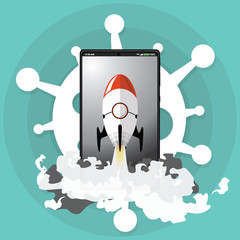 New tech startup during covid-2019 pandemic. Victory over coronavirus and business survival concept design. Rocket launching over mobile phone on virus sign background. Flat vector illustration