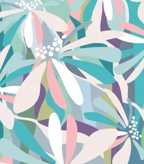 Abwaschbare Fototapete Türkis Tropische Blumen und Blätter. Dekorative exotische abstrakte Blätter, Blumen und Pflanzen. Dekorativer bunter Hintergrund