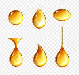 Realistic oil drops. Shine yellow droplets set. Honey liquid drop collection, dripping transparent mashine oil vector.